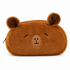 Fuzzy capybara pencil pouch with a sleepy smiling face on a white background