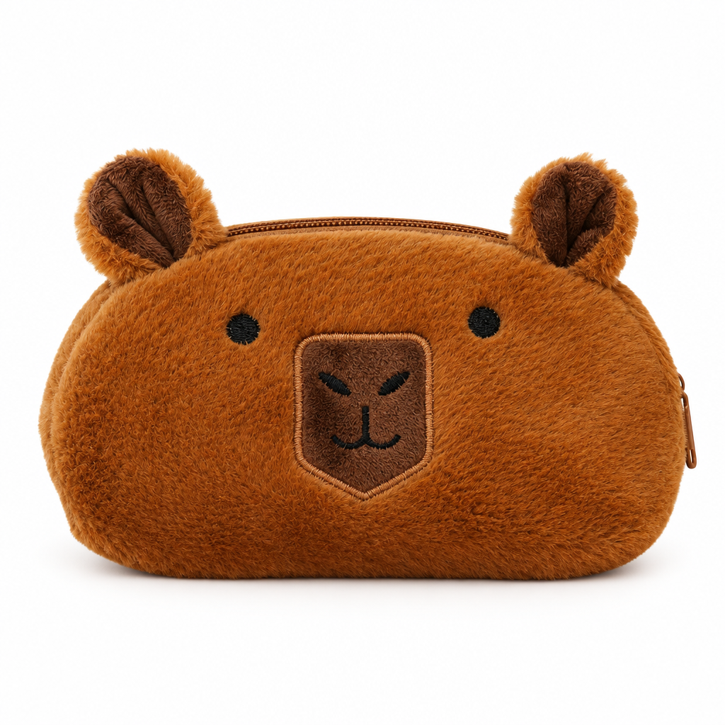 Fuzzy capybara pencil pouch with round eyes on a white background