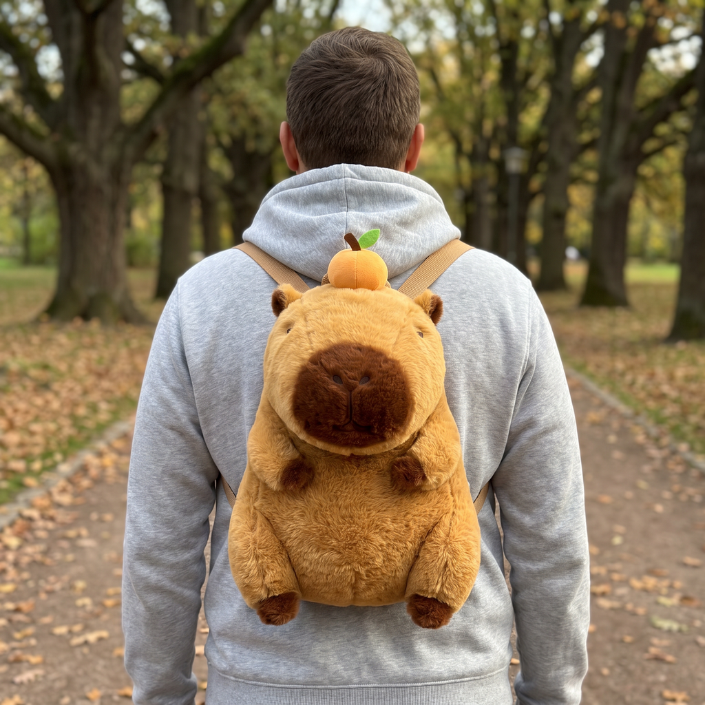 Adult wearing the capybara plush backpack on a park path, seen from behind