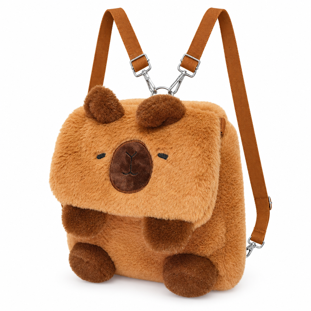 Square capybara plush backpack with paws and tan straps on a white background