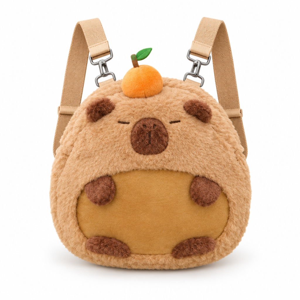 Round capybara plush backpack with a golden belly patch on a white background