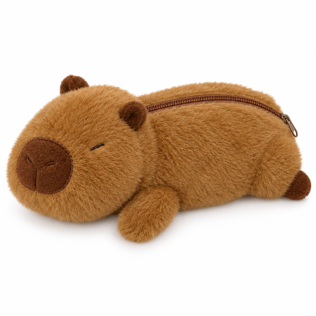 Brown capybara plush pencil case on a white background