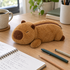 Capybara plush pencil case on a wooden desk next to a notebook and pens