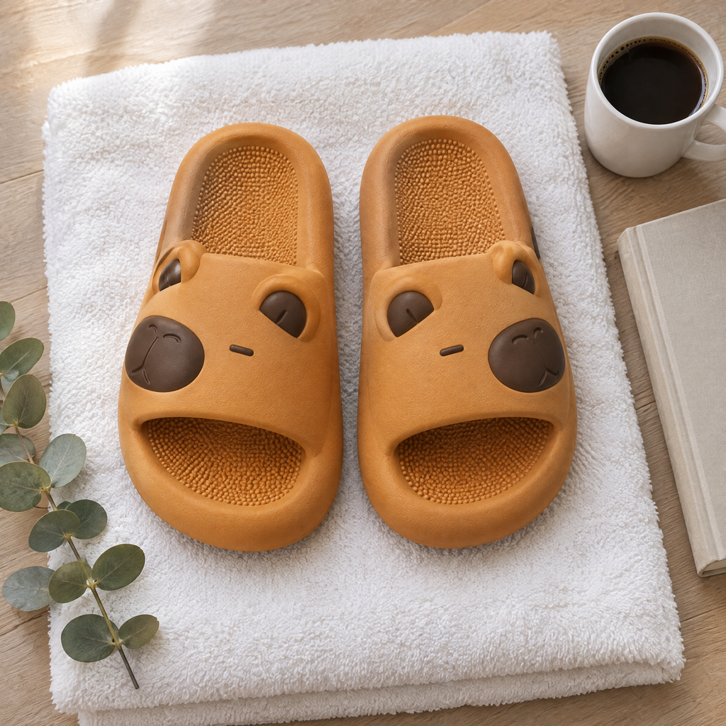 Caramel Capybara Slide Sandals flat lay on a white towel with coffee, a book and greenery