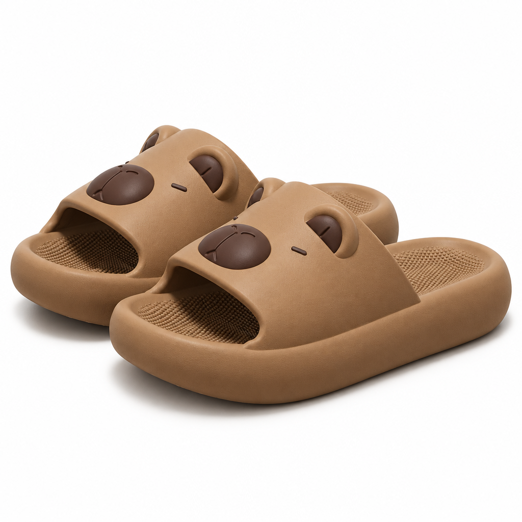 Brown capybara face slide sandals on a white background