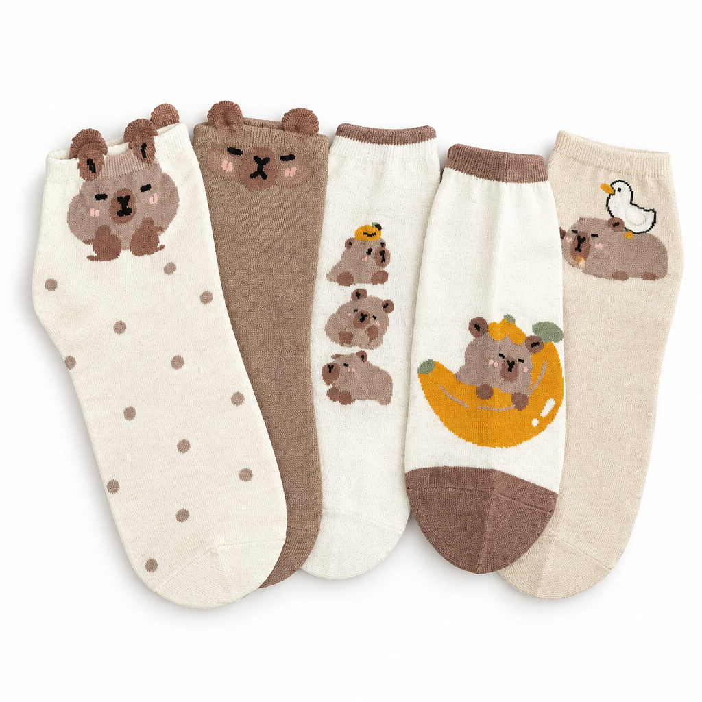 Five pairs of capybara socks fanned out on a white background