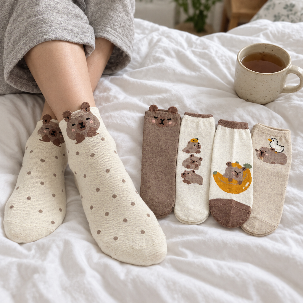 Adult feet in capybara socks on a bed next to four more folded pairs