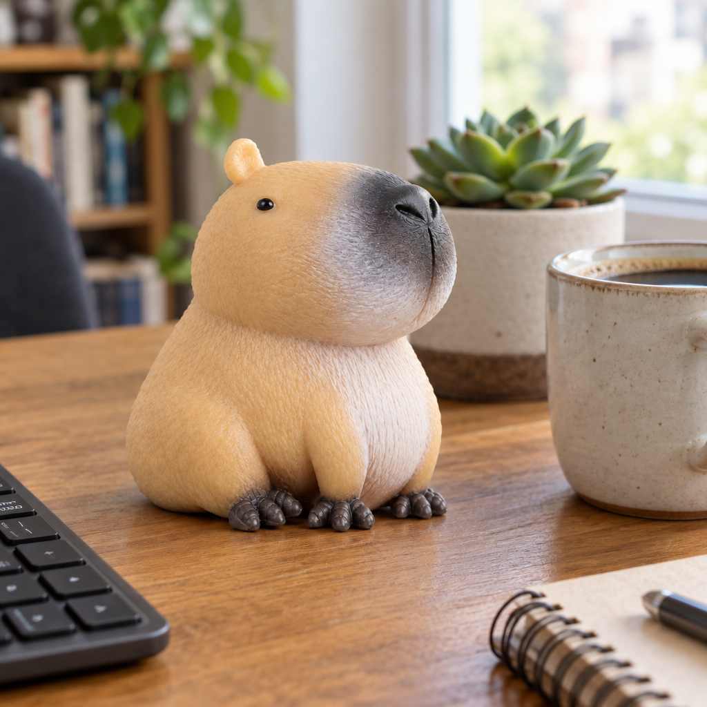 Realistic capybara squeeze toy sitting on a desk by a keyboard