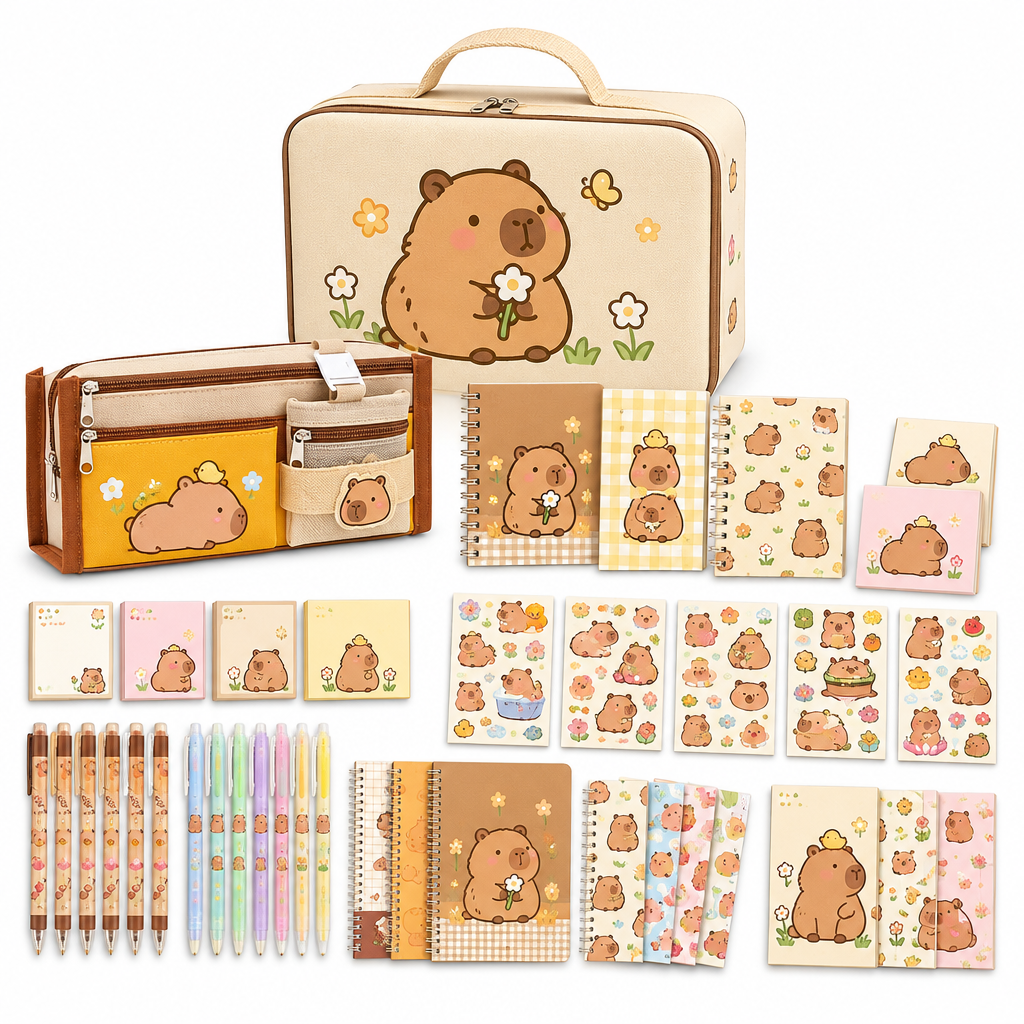 Capybara stationery gift set with a cream suitcase-style gift box on a white background