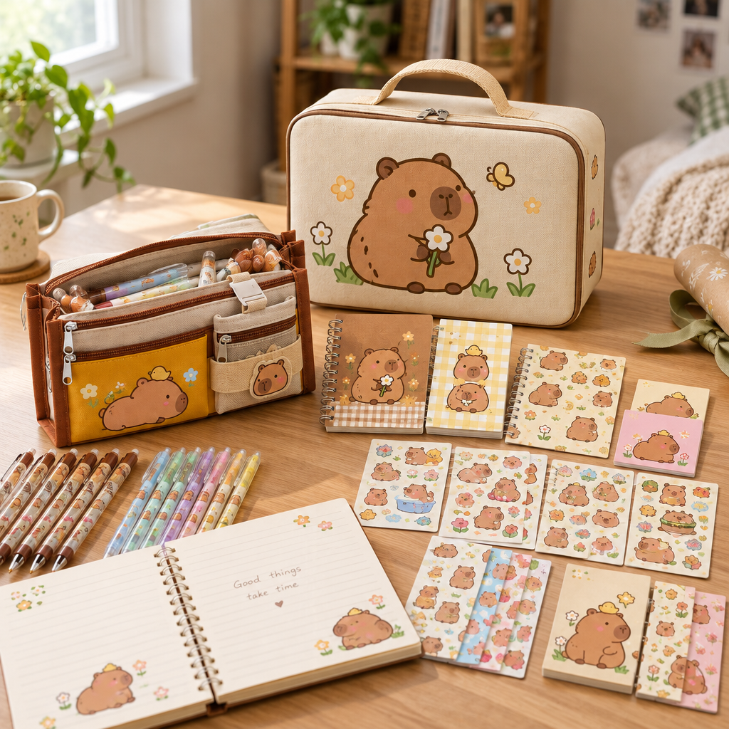 Capybara stationery gift set arranged on a wooden desk