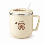 Cream stainless steel capybara mug with lid and straw on a white background