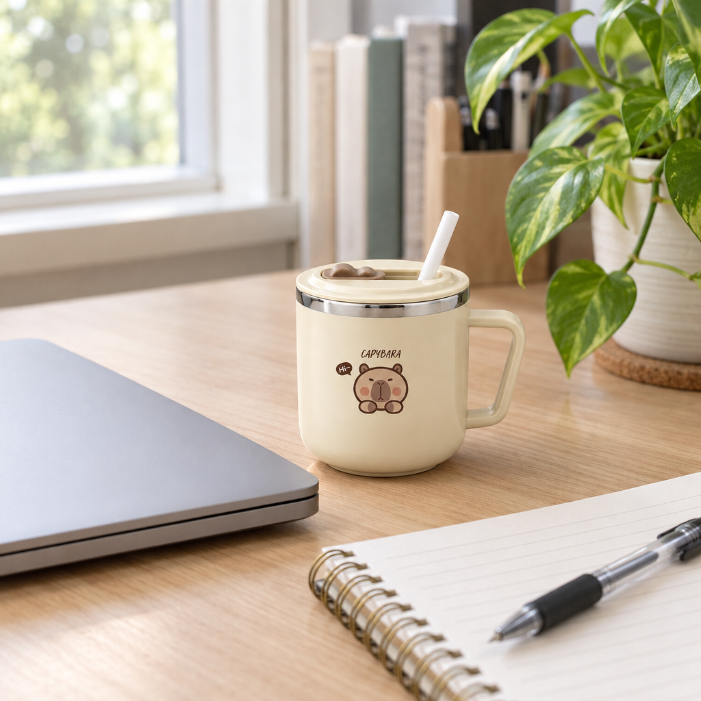 Cream capybara steel mug with straw on a home office desk