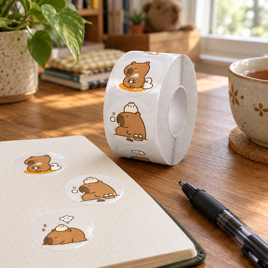 Capybara sticker roll next to a journal decorated with stickers