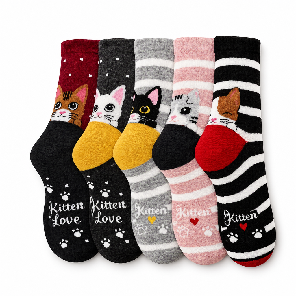 Five pairs of crew socks with cats peeking out at the ankle on a white background