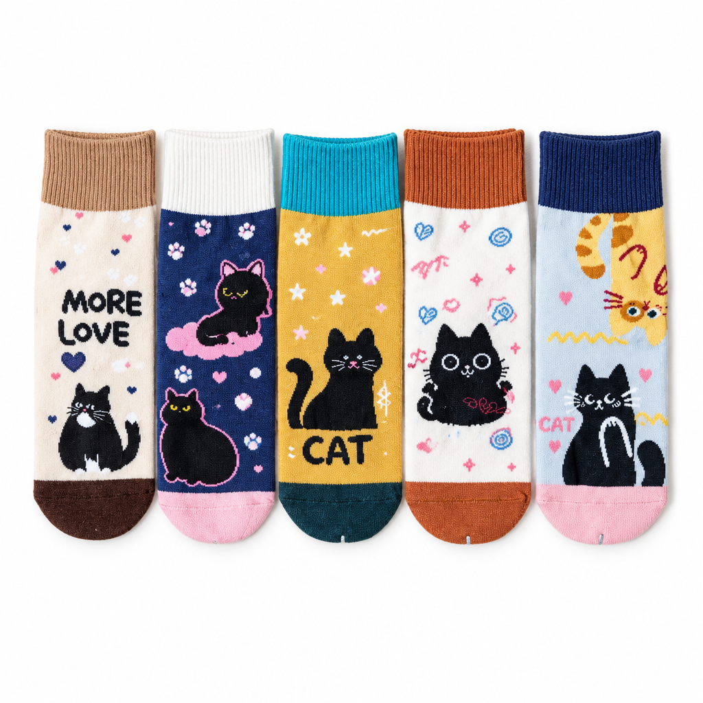 Five pairs of crew socks with black cat prints on a white background