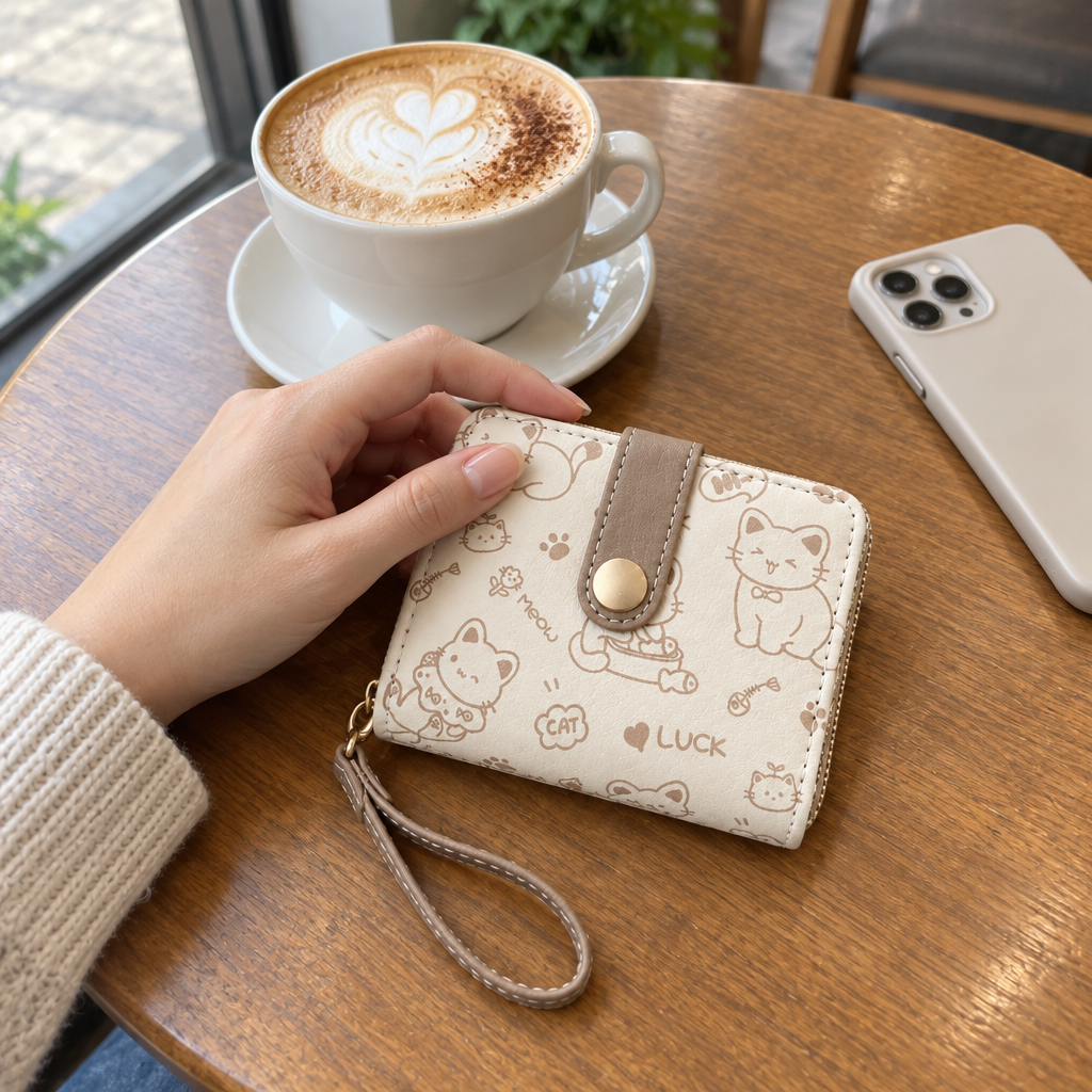 Cat doodle wallet on a cafe table next to a cappuccino and an adult hand