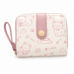 Cream cat doodle wallet with pink trim on a white background