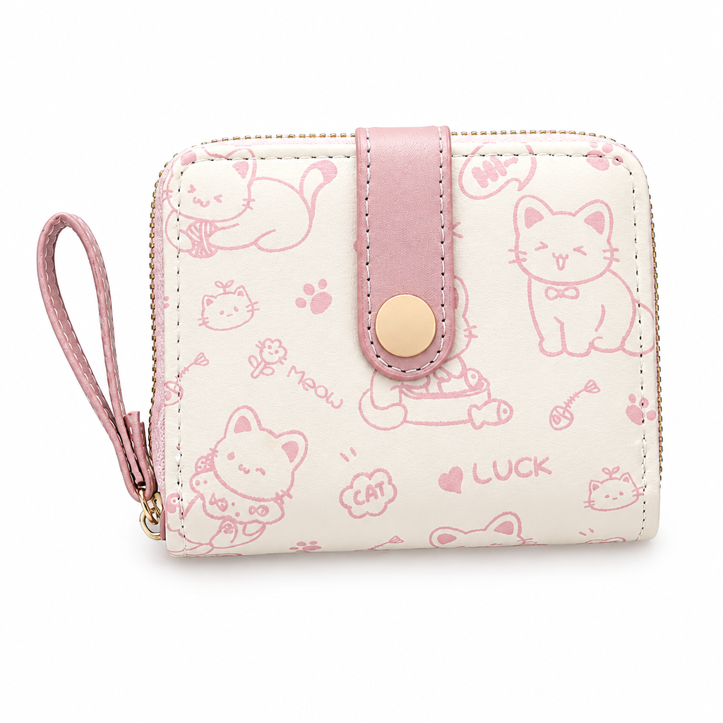 Cream cat doodle wallet with pink trim on a white background