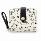 Cream cat doodle wallet with black trim on a white background