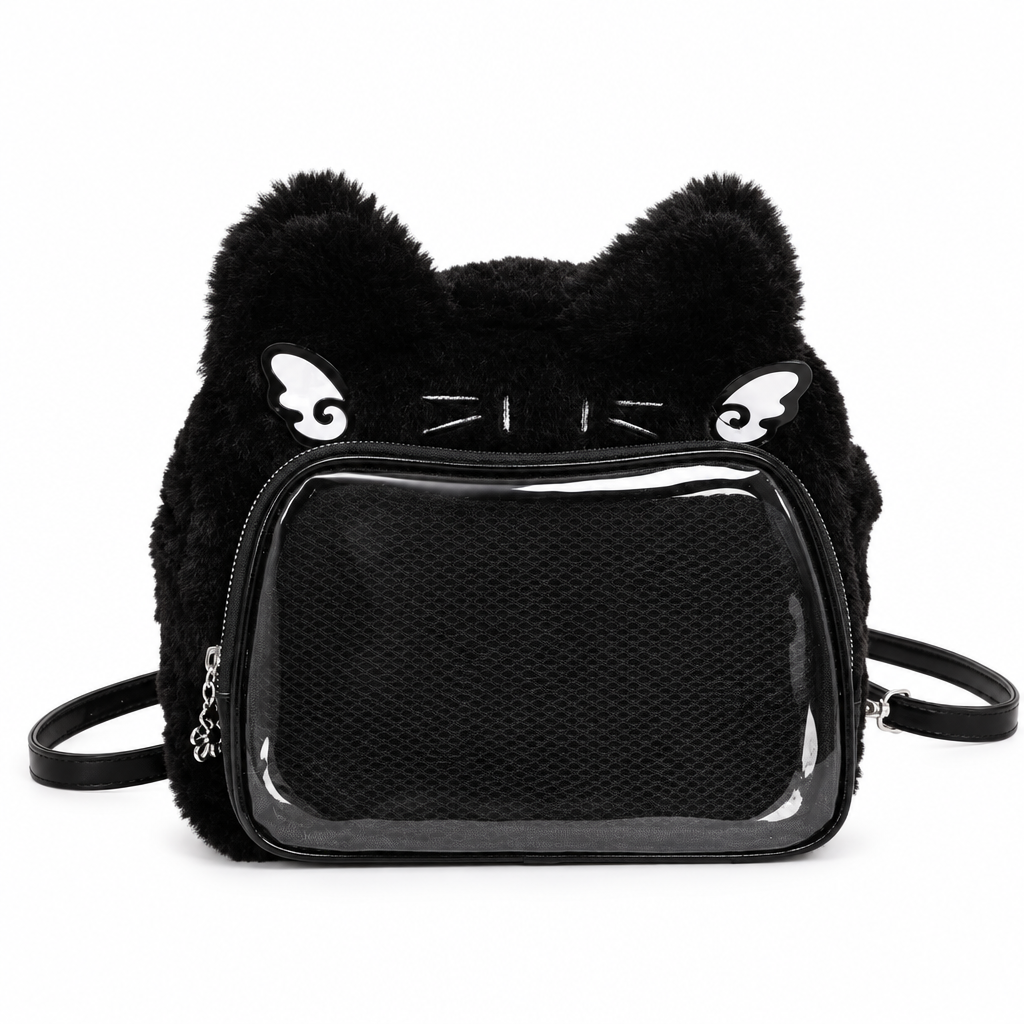Black plush cat ear bag with a clear front window on a white background