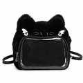 Black plush cat ear bag with a clear front window on a white background