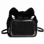 Black plush cat ear bag with a clear front window on a white background
