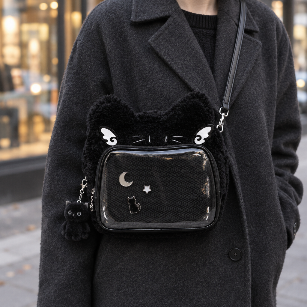 Adult wearing the black cat ear window bag with pins on a city street