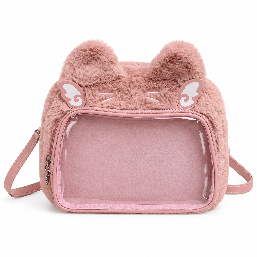 Pink plush cat ear bag with a clear front window on a white background