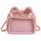 Pink plush cat ear bag with a clear front window on a white background