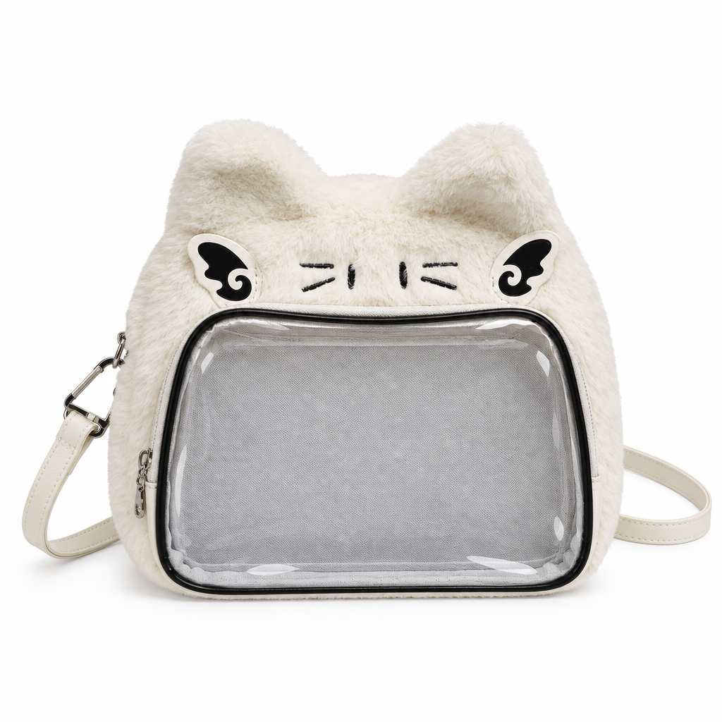 White plush cat ear bag with a clear front window on a white background