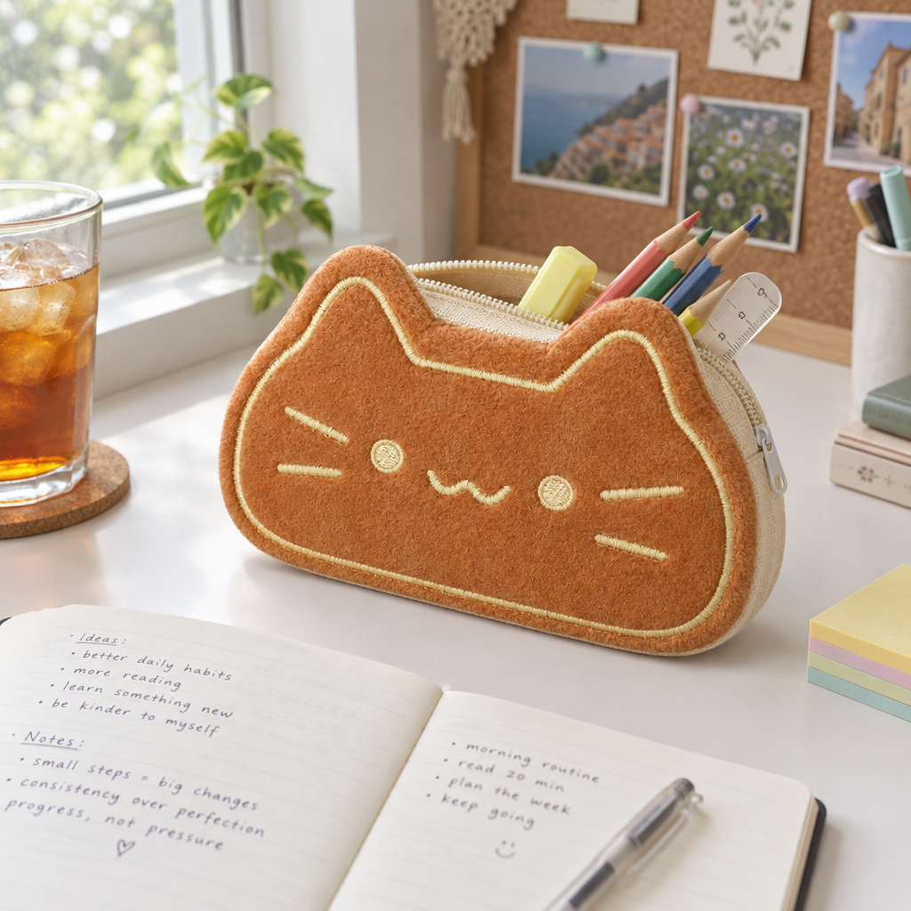 Caramel cat face pencil case with pencils on a desk by a window