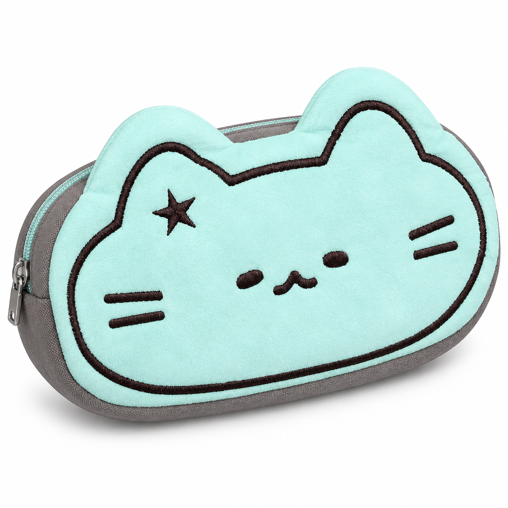 Mint cat face pencil case with a stitched black face on a white background