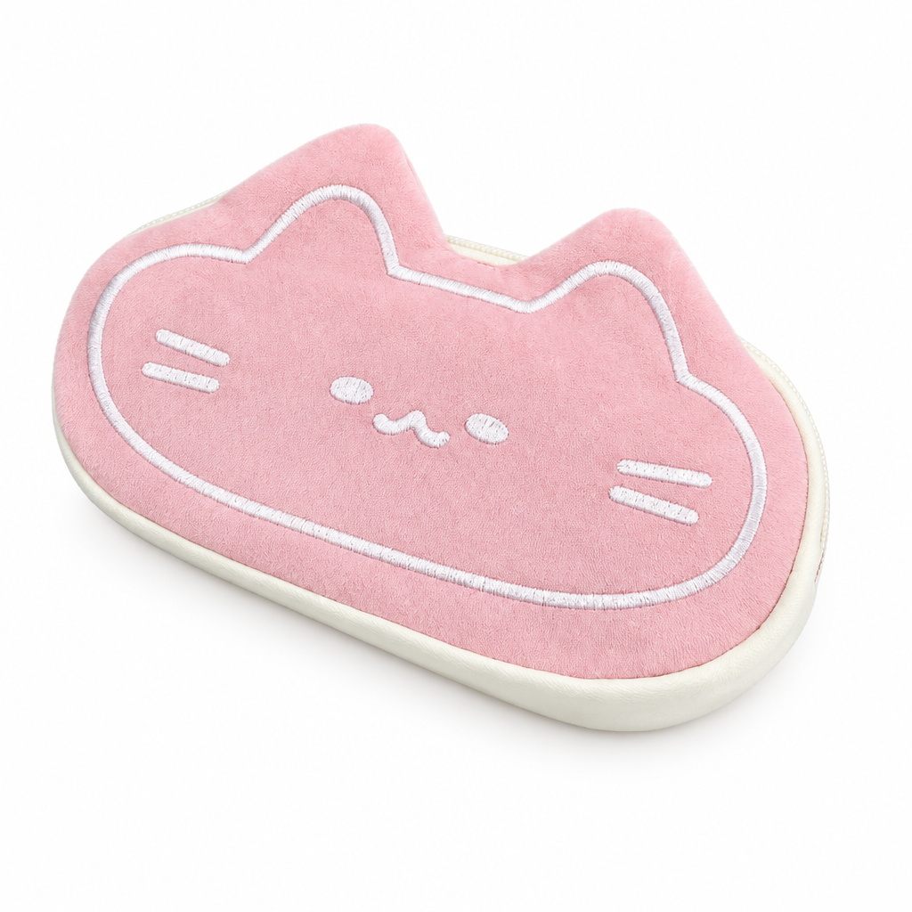 Pink cat face pencil case with a stitched white face on a white background