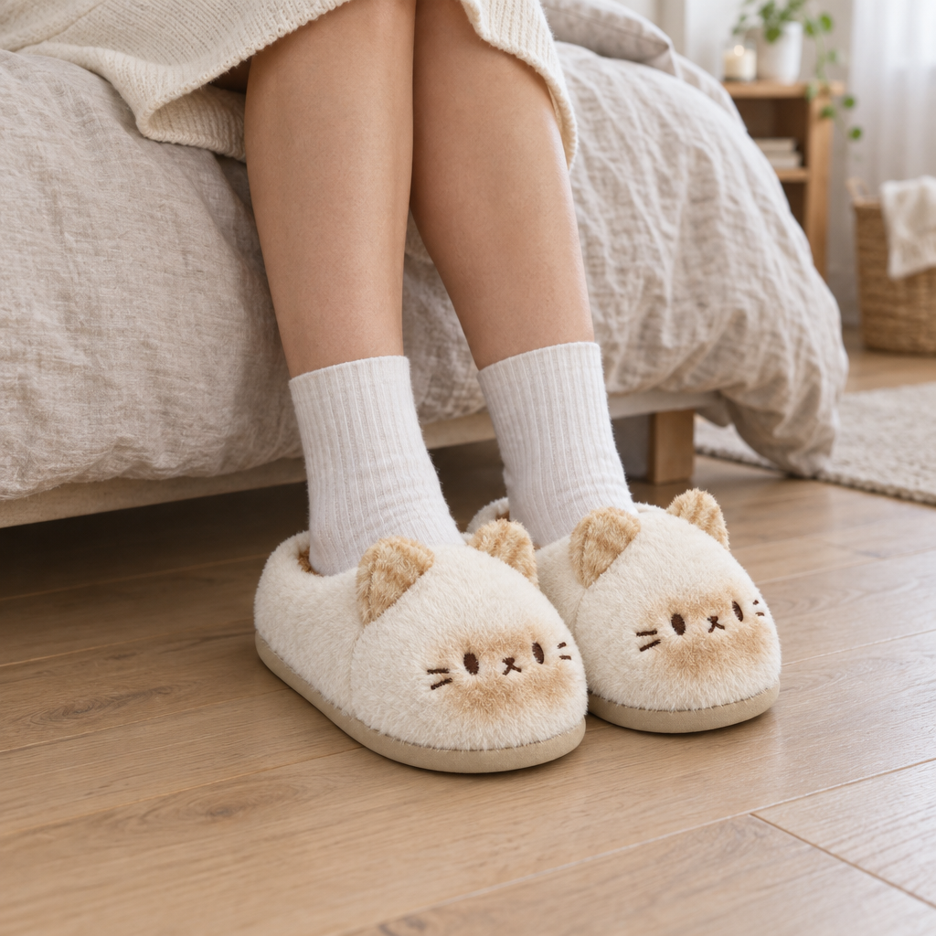 Adult feet in cream cat slippers beside a bed