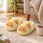 Pair of yellow cat slippers on a rug next to an armchair