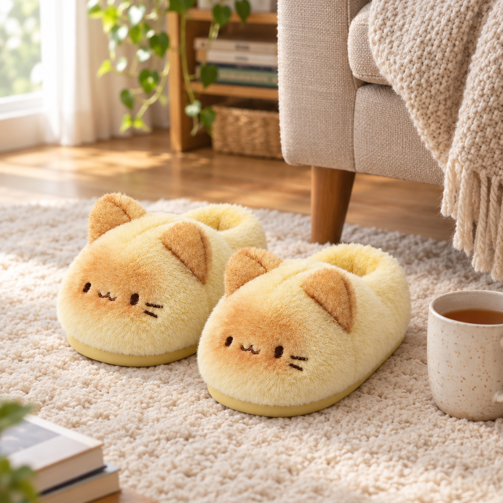 Pair of yellow cat slippers on a rug next to an armchair