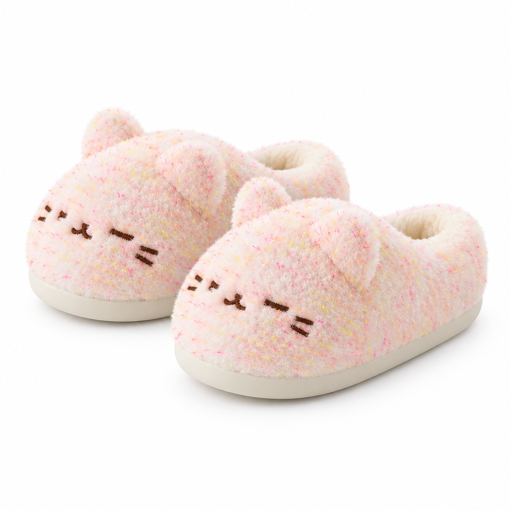 Speckled pink cat slippers on a white background