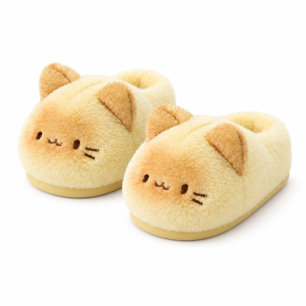 Pale yellow cat slippers with caramel ears on a white background