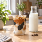 Calico cat paw glass filled with iced coffee on a kitchen counter