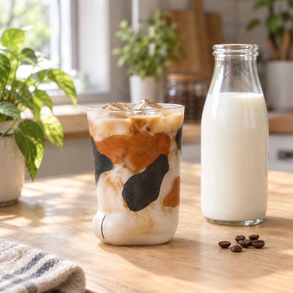 Calico cat paw glass filled with iced coffee on a kitchen counter