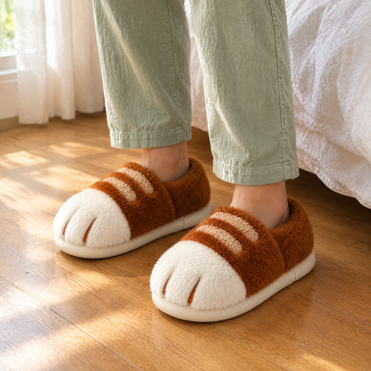 Ginger Cat Paw Slippers worn on a wooden bedroom floor beside the bed in morning light