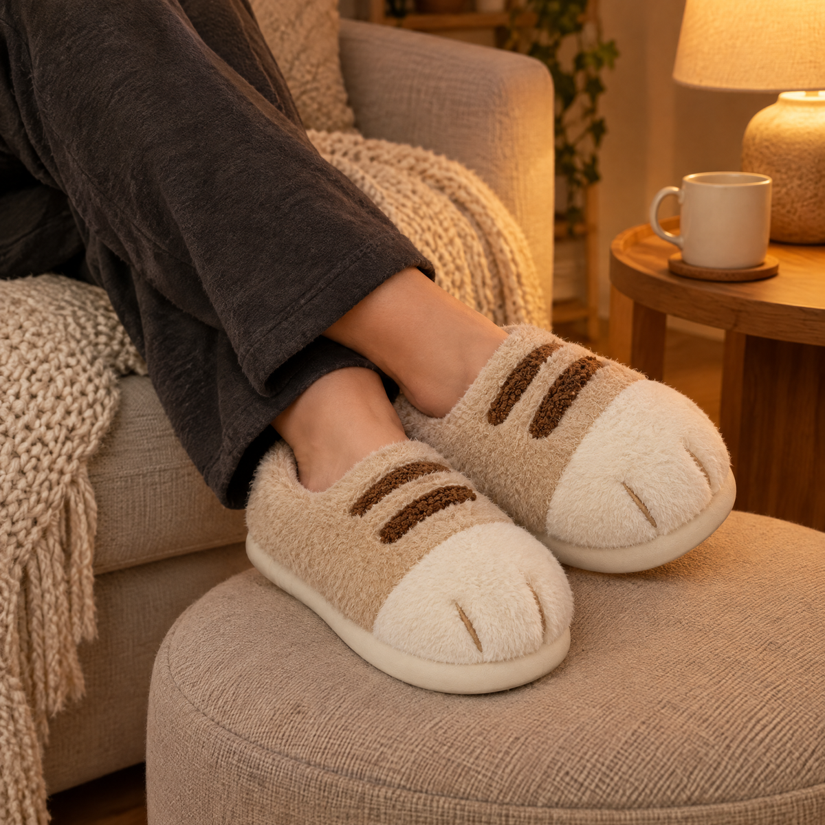 Beige Cat Paw Slippers worn with ankles crossed on a footstool in warm lamp light