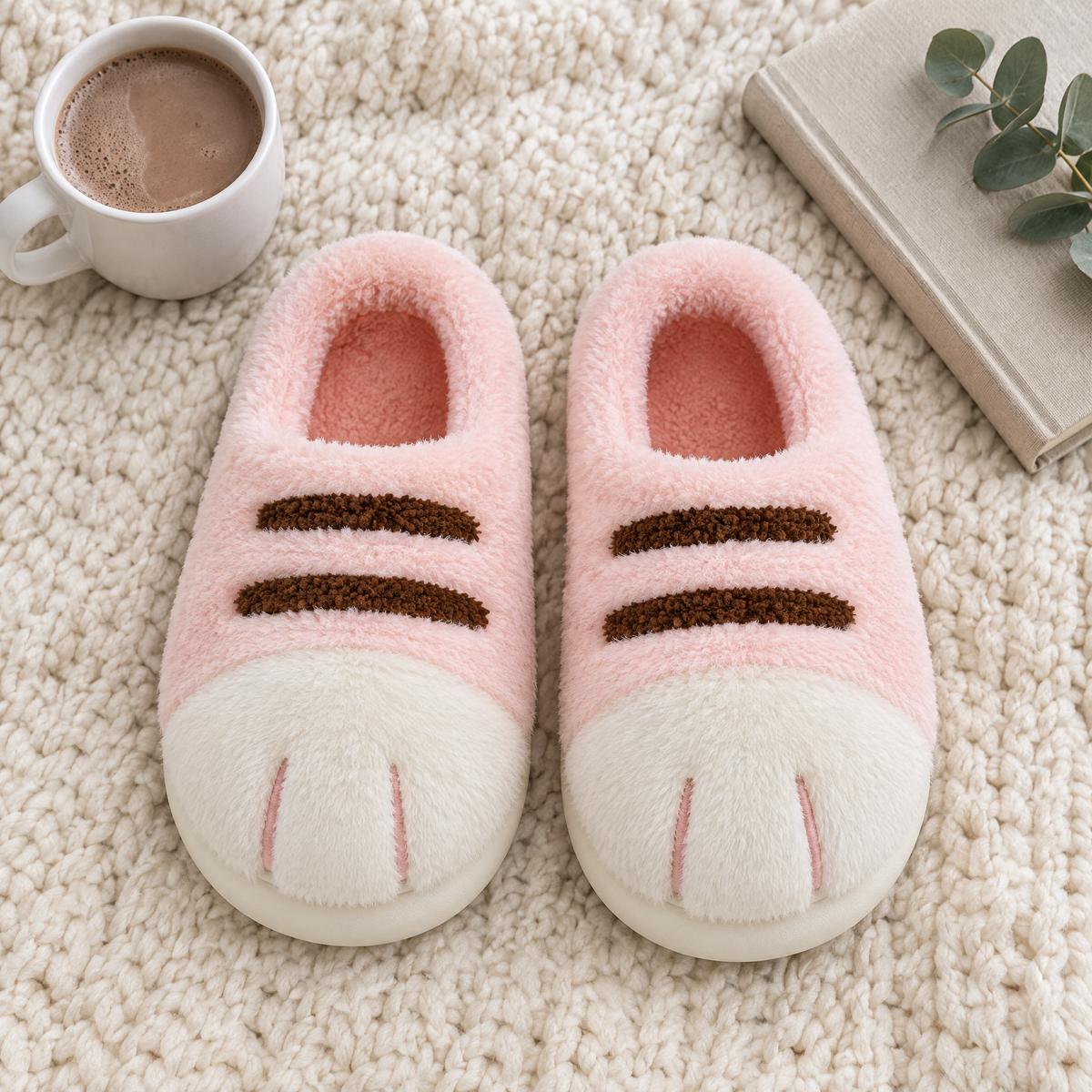 Pink Cat Paw Slippers flat lay with a mug of cocoa, a book and greenery