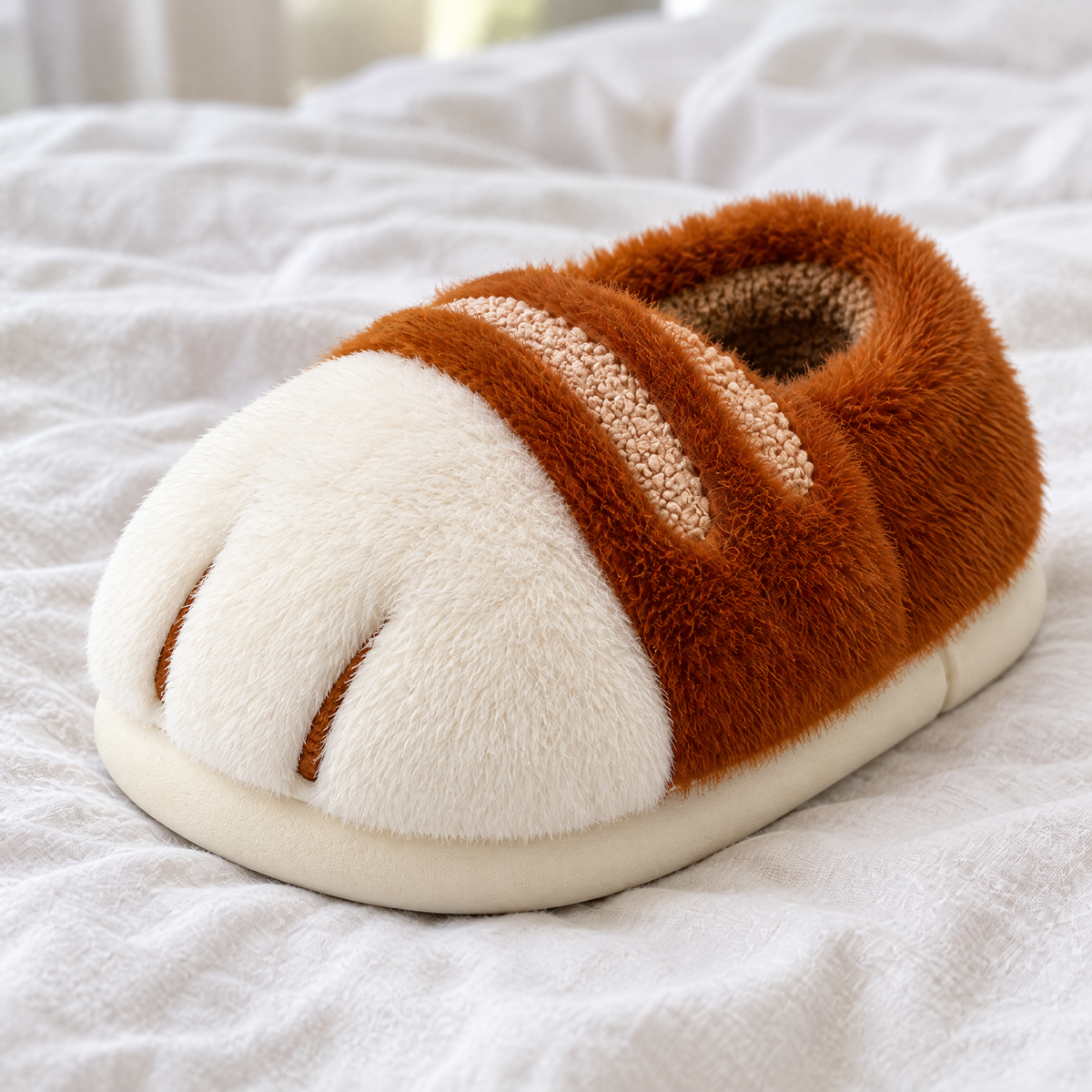 Close-up of a ginger cat paw slipper on white linen bedding showing its paw toe and fluffy texture