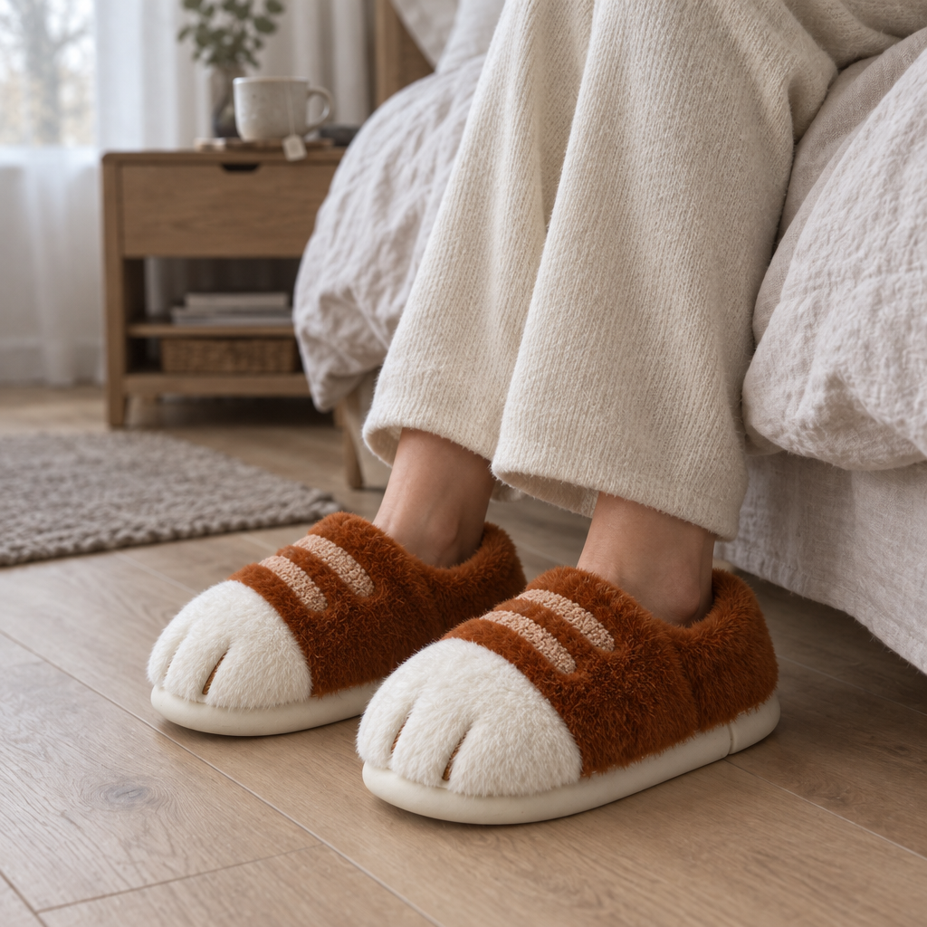 Adult feet in ginger cat paw slippers by a bed