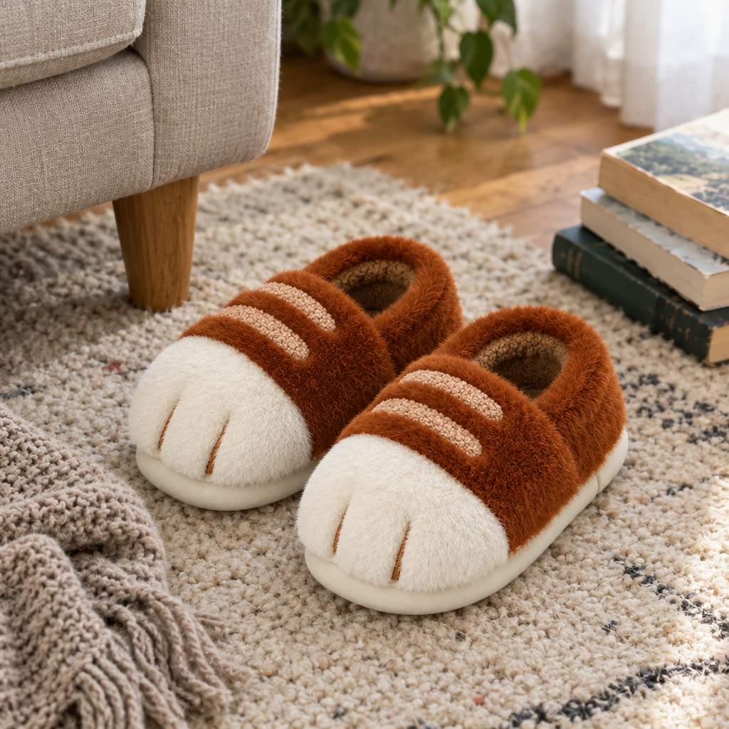 Pair of ginger cat paw slippers on a wool rug by a sofa