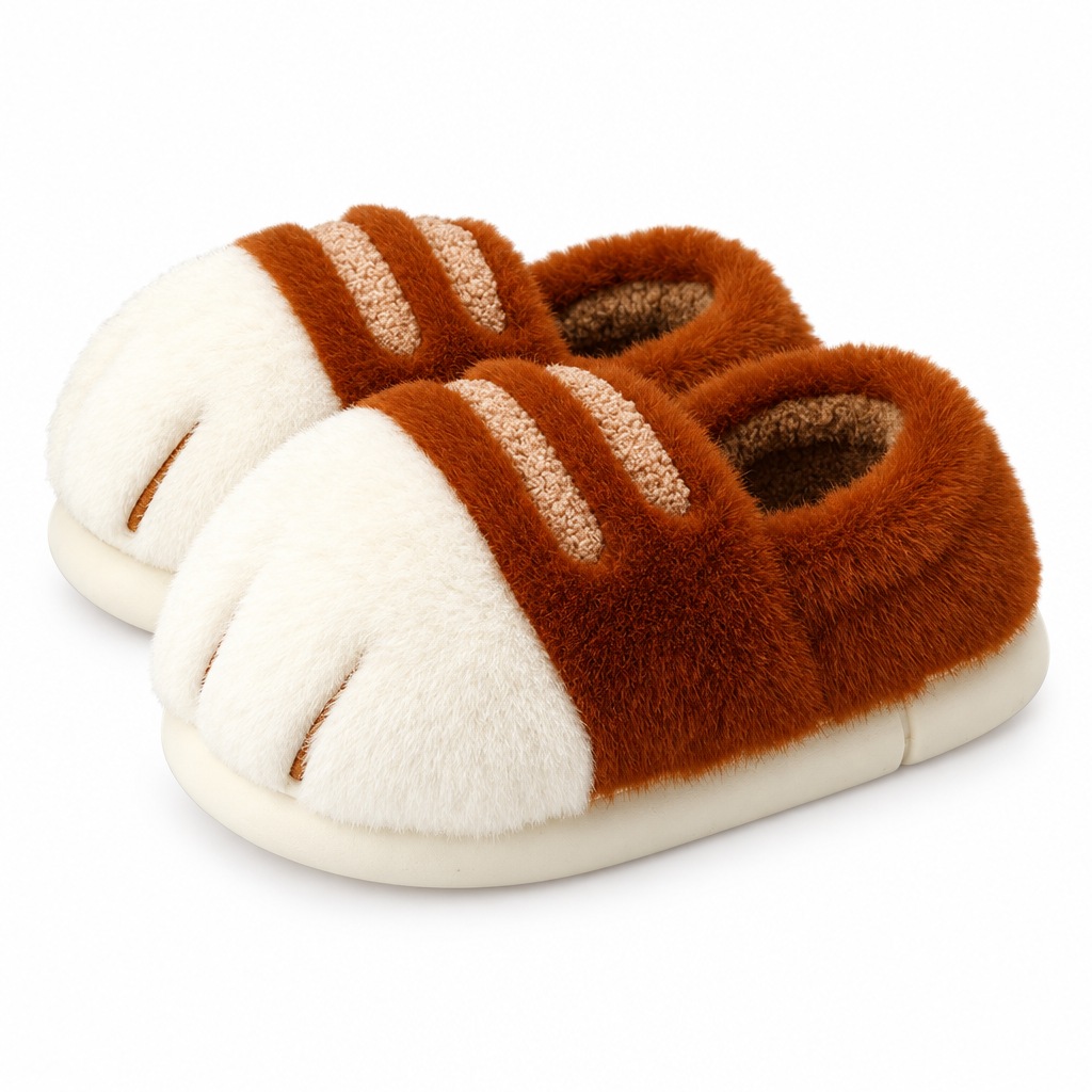 Ginger fluffy cat paw slippers on a white background