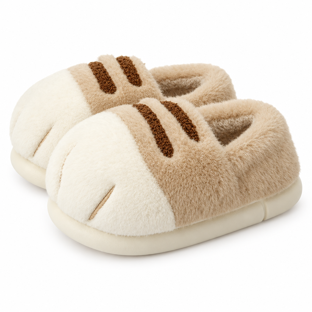 Beige fluffy cat paw slippers on a white background