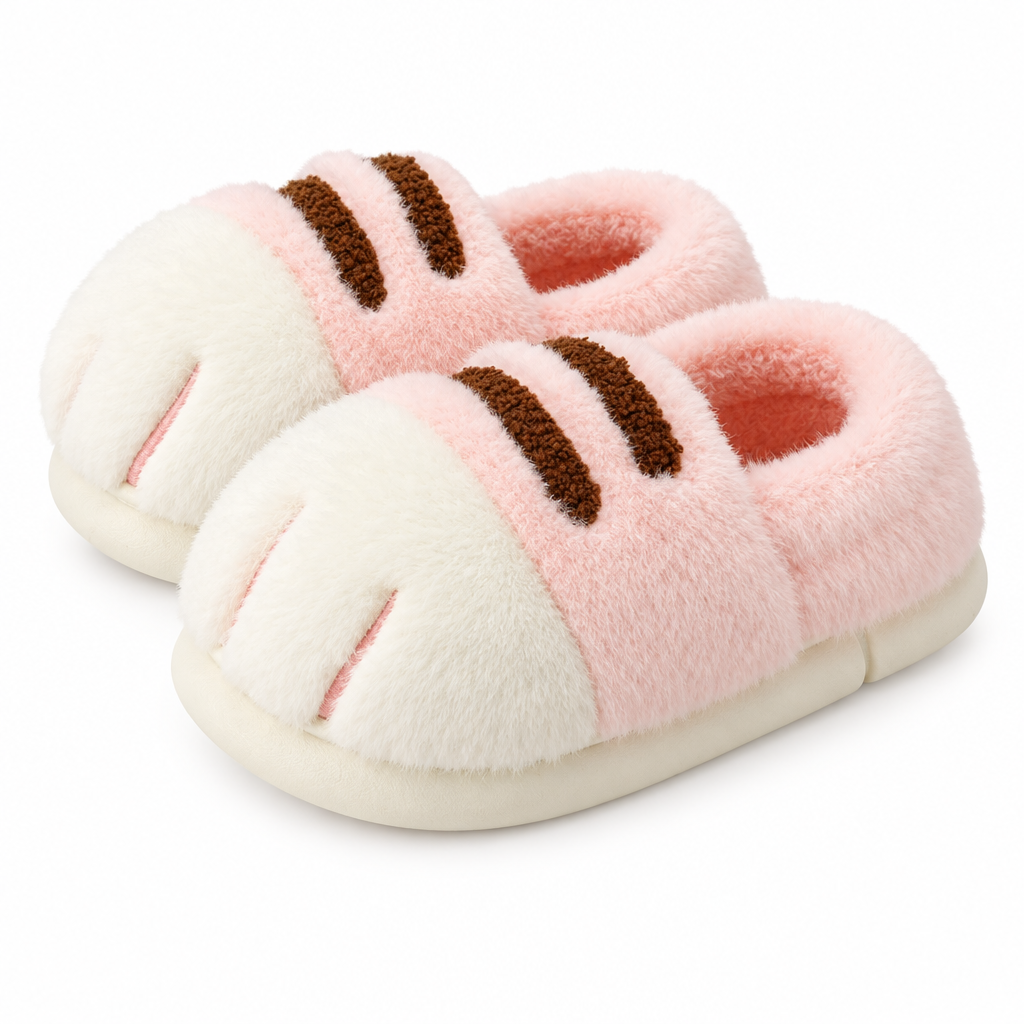 Pink fluffy cat paw slippers on a white background