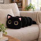 Black caterpillar cat plush lying along a beige sofa